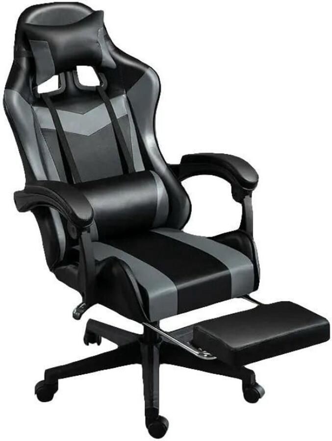 Thuys – Gaming Stoel – Bureaustoel Met Kantelbare Rugleuning – Verstelbare Voetsteun En Kussen – Grijs