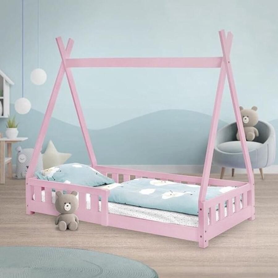 Thuys Grondbed – Huisbed – Natuurlijk – Met Lattenbodem – Valbescherming – Montessori Bed – Stijlvol Design – 148x76x141 CM – Roze