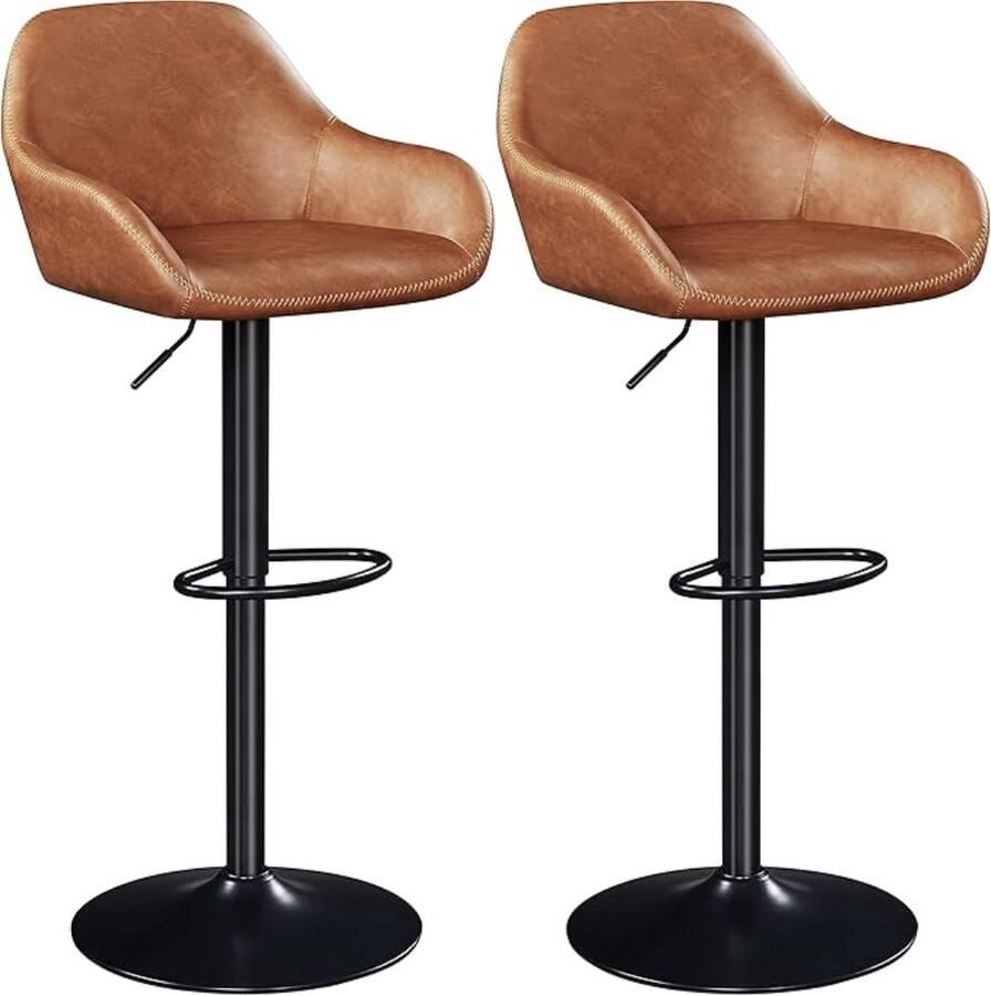 Thuys Luxe Barkrukken – Set van 2 – Barstoel – Hoogte Verstelbaar – Industrieel – Keukenstoel – 360° Draaibaar – Leer – Bruin