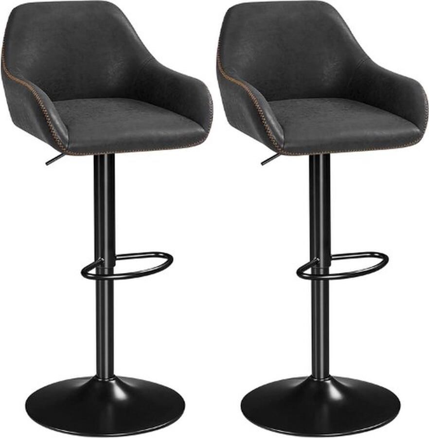 Thuys Luxe Barkrukken – Set van 2 – Barstoel – Hoogte Verstelbaar – Industrieel – Keukenstoel – 360° Draaibaar – Leer – Zwart