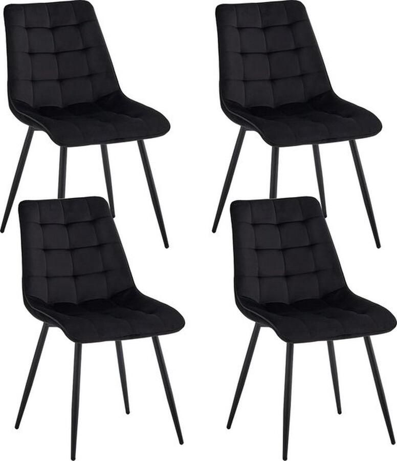 Mrs. Jones set van 4 eetkamerstoelen Velvet stoelen Minimalistische Eetkamerstoel Industrieel Zwarte poten Stijlvol Zwart