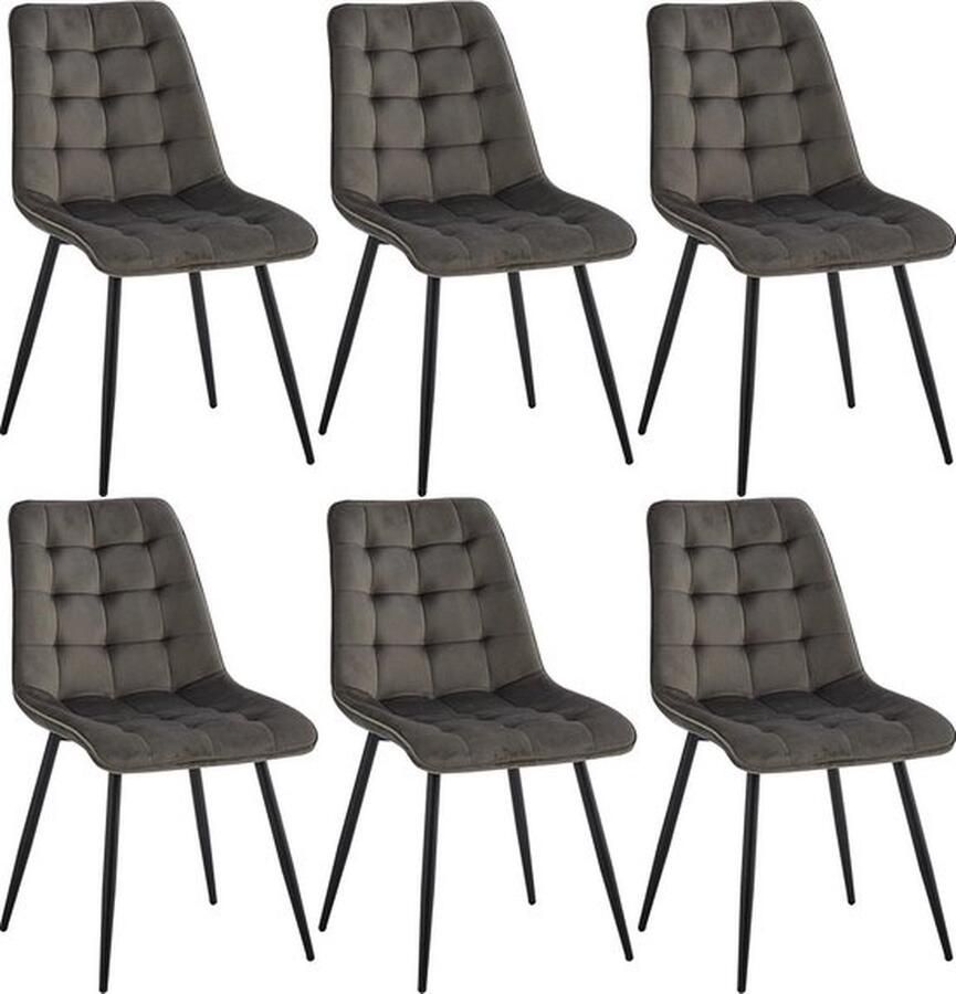 Mrs. Jones Set van 6 moderne eetkamerstoelen Metalen Frame Fluwelen gewatteerde stoelen Donkergrijs