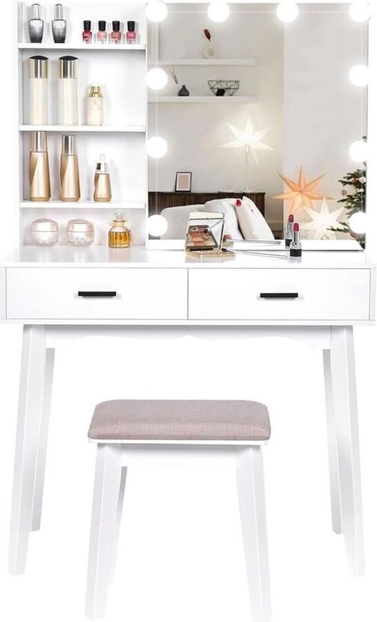 Thuys Luxe Kaptafel – Make Up Tafel – Met Spiegel en Verlichting – Voor Vrouwen & Meisjes – Met Lades – Extra Opbergruimte – Modern Design – Wit