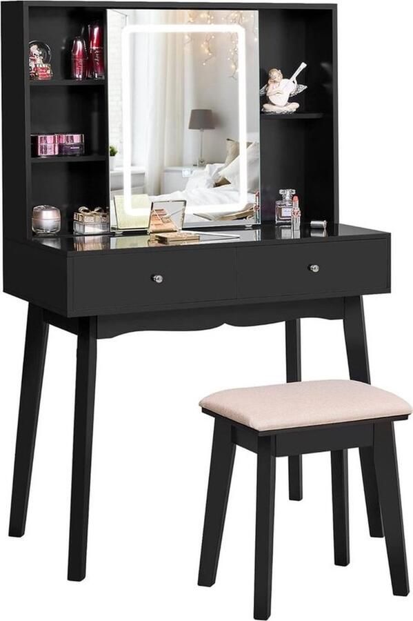 Thuys Luxe Kaptafel – Make Up Tafel – Met Spiegel en Verlichting – Voor Vrouwen & Meisjes – Met Lades – Extra Opbergruimte – Zwart