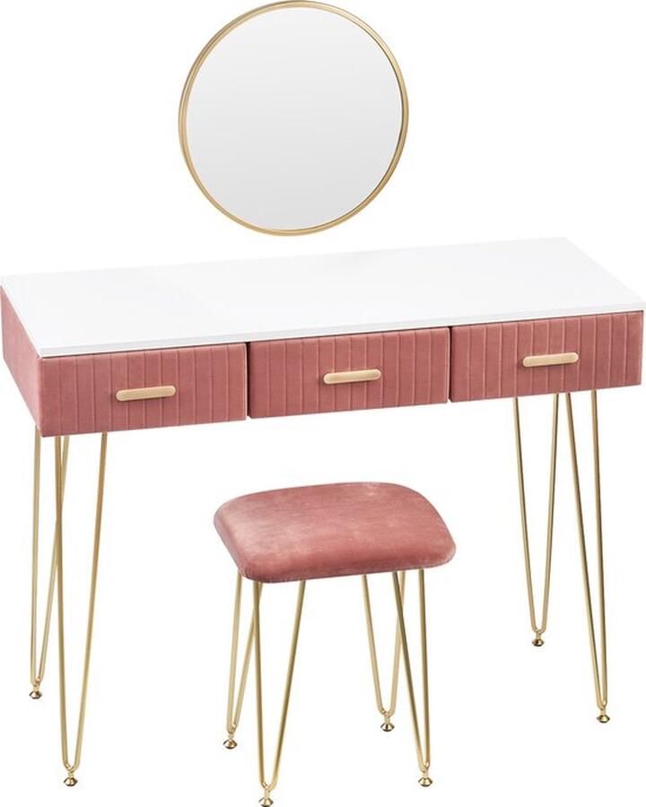Thuys Luxe Kaptafel – Met Kruk en Spiegel – Bureau – Modern Dressoir – Make Up Tafel – 3 Lades – Hoogwaardig Materiaal – Roze