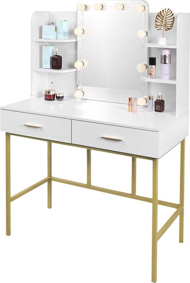 Thuys Luxe Kaptafel – Met Spiegel – Bureau – Make Up Tafel met Verlichting – Huishouden – 2 Lades – Voor Slaapkamer – Hoogwaardig Materiaal – Wit