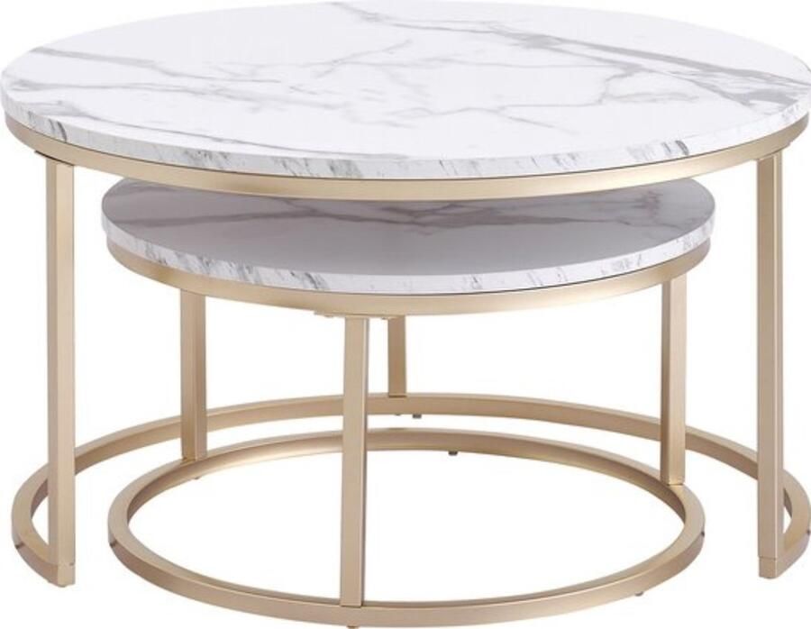 Thuys Moderne Salontafel – Koffietafel – Set van 2 – Bijzettafel – Marmer Look – Rond – Luxe Design – Wit Goud