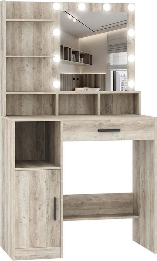 Thuys Multifunctionele Kaptafel – Met Spiegel en Verlichting – Make Up Tafel – Extra Opslag – Kind – Stijlvol Design – Grijs