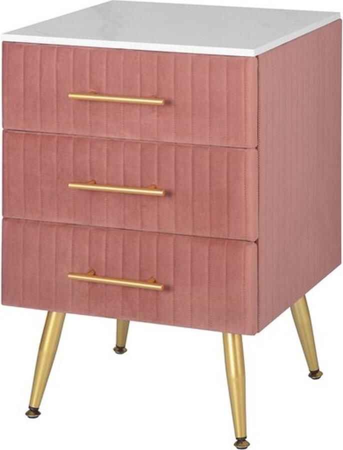 Thuys – Nachtkastje – Salontafel – 3 Lades – Bijzettafel – Fluweel – Voor Slaapkamer & Woonkamer – Modern Design – Roze Goud