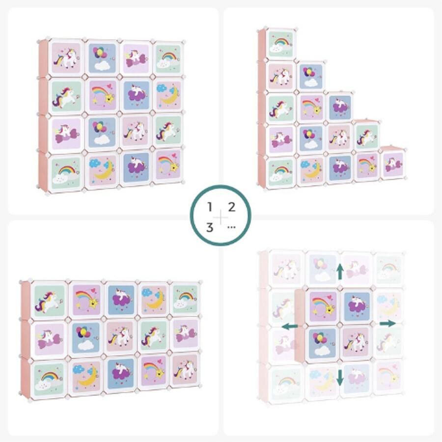 Thuys – Opbergkast 16 Vakken – Met Deuren – Schoenenrek Speelgoedkast Kleerkast – Kunststof – 123 x 31 x 123 cm – Roze