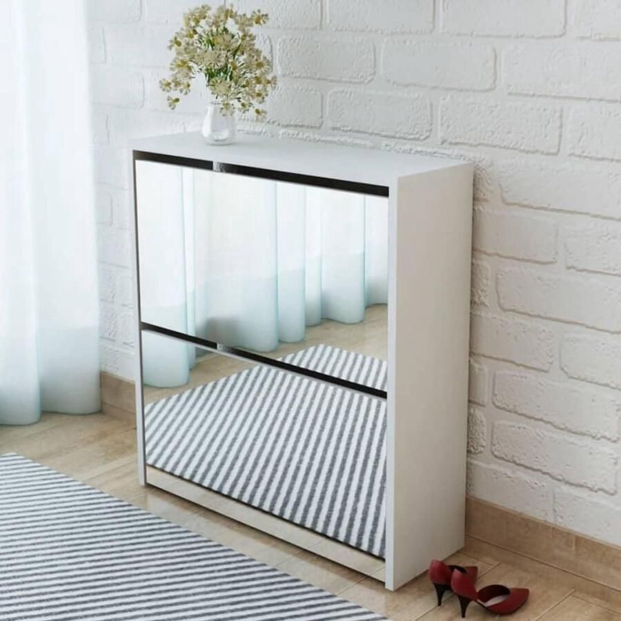 Thuys – Schoenenkast Met Spiegel – Halmeubel – 63cm x 17cm x 67cm – Wit