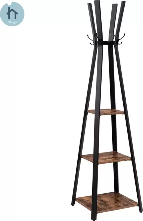 Thuys Vrijstaande Kapstok Staand Industriële Kapstok Vintage Look 3 legplanken Bruin Zwart 175 5*42*42 CM