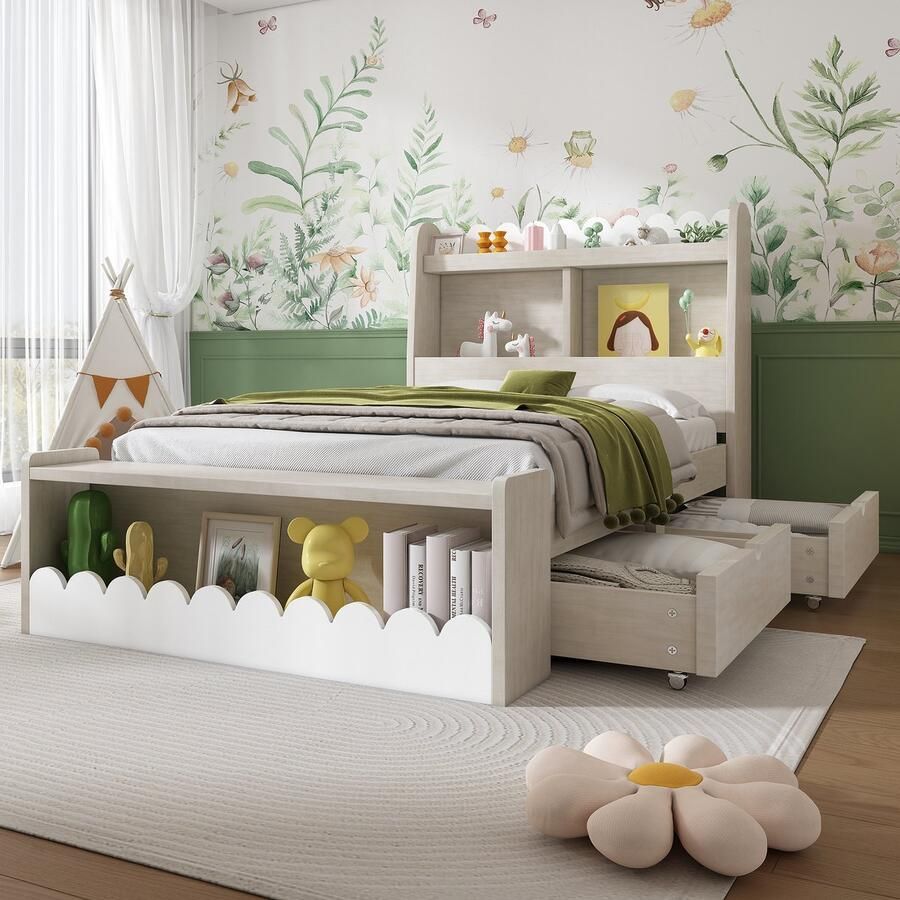 Tidak Kinderbed Eenpersoonsbed Opbergbed met Lades Plank en Bank met Opbergruimte Houten Bed 90x200 cm Bedframe en Lattenbodem van Hout Wit met Eiken Kleur (Zonder Matras)