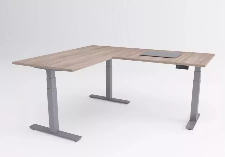 Timotion Tri-desk Advanced-Edge Elektrisch zit-sta hoekbureau Aluminium onderstel Robson eiken blad 180 x 80 + 80 x 80 cm