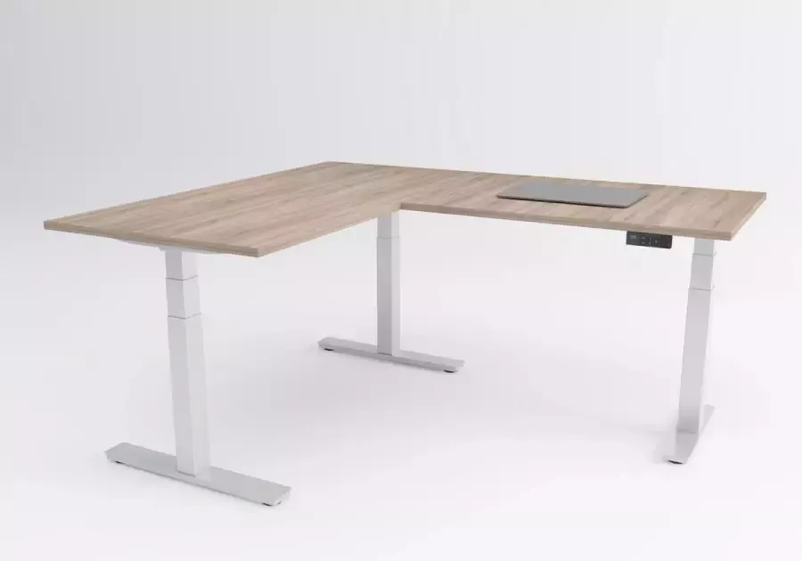 Timotion Tri-desk Advanced-Edge Elektrisch zit-sta hoekbureau Wit onderstel Robson eiken blad 160 x 80 + 80 x 80 cm