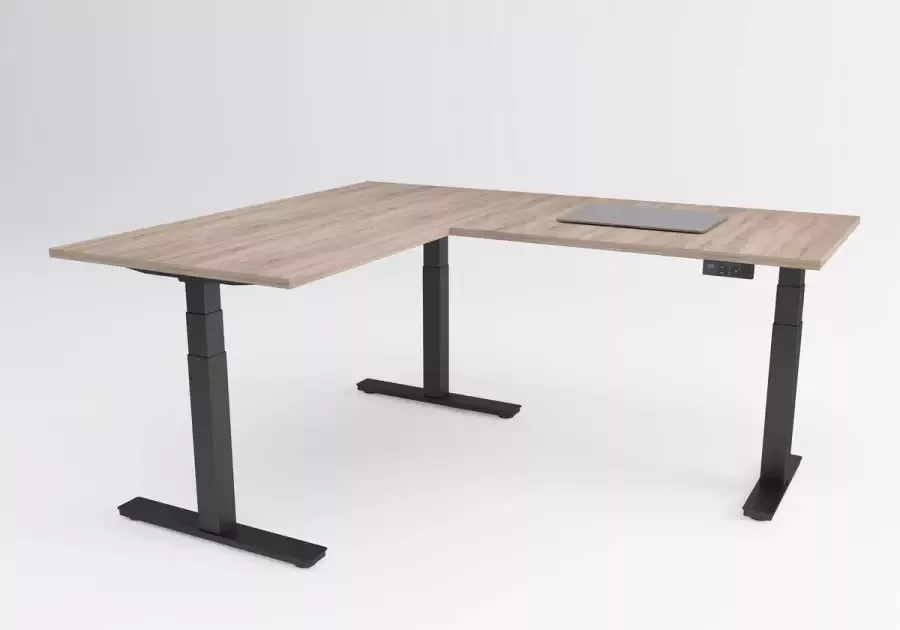 Timotion Tri-desk Advanced-Edge Elektrisch zit-sta hoekbureau Zwart onderstel Robson eiken blad 180 x 80 + 80 x 80 cm