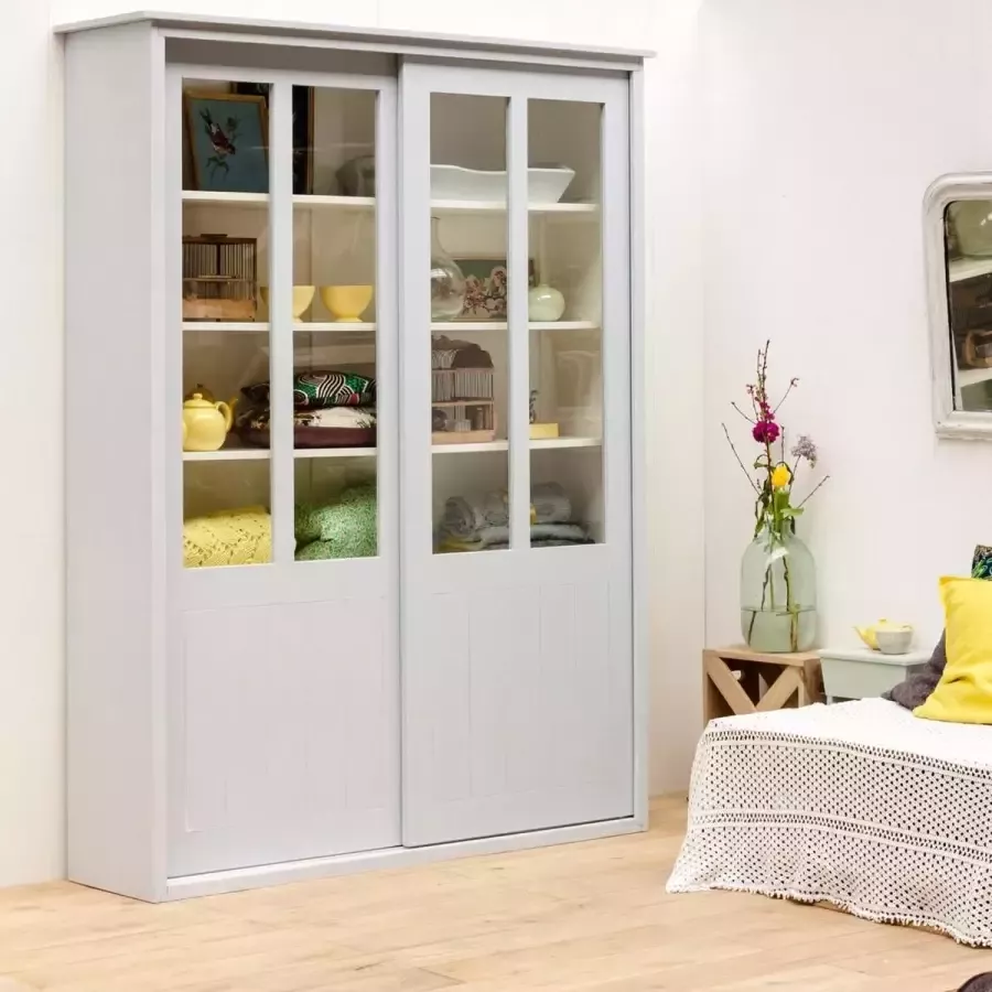 Timzowood Living Vitrine schuifdeurkast met glas grijs doorgeschuurd