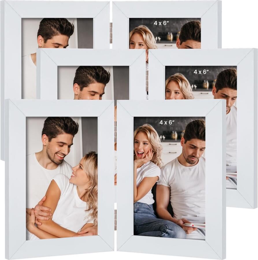 Tinyyo BELLE VOUS 3-pack van 4x6 dubbele fotolijst wit Houten opvouwbare scharnierende fotolijst met echt glazen voorkant die verticaal op het bureaublad staat MDF-fotolijst voor weergave op tafel