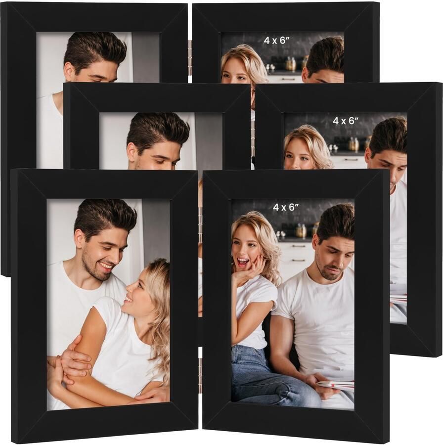 Tinyyo BELLE VOUS 3-pack van 4x6 dubbele fotolijst zwart Houten opvouwbare scharnierende fotolijst met echte glazen voorkant die verticaal op het bureaublad staat MDF-fotolijst voor weergave op tafel