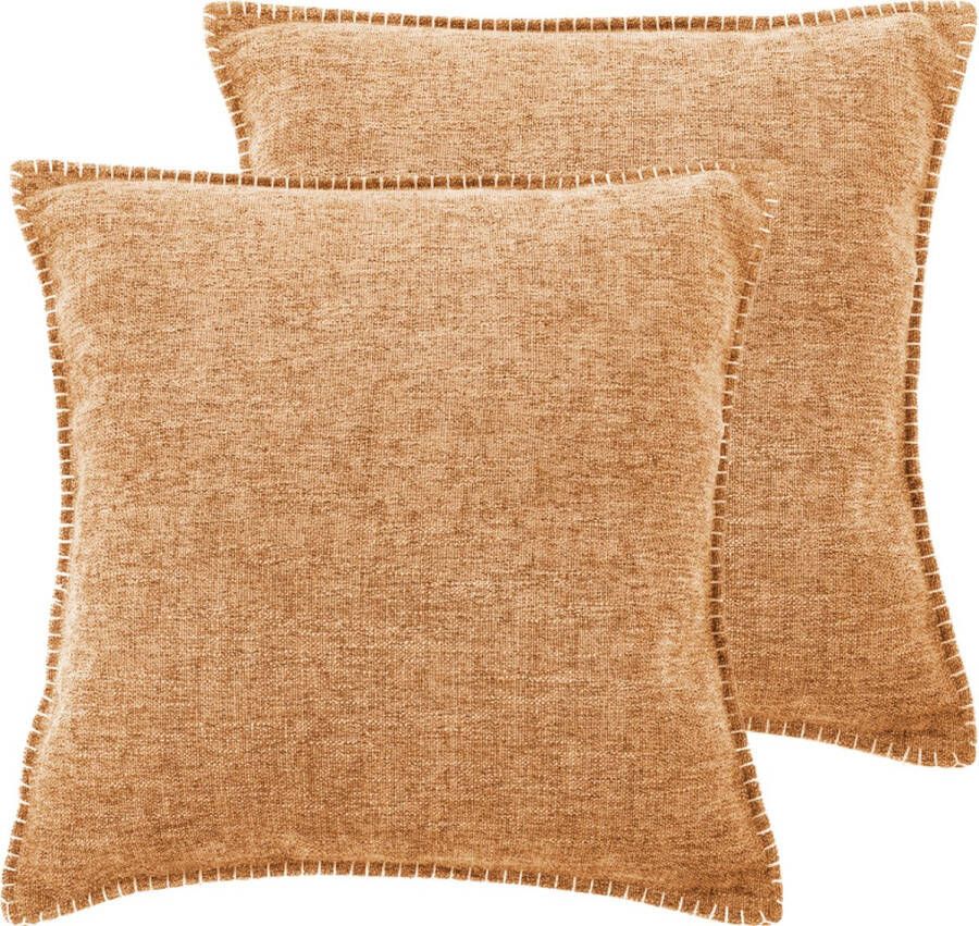 Tiseco Home Studio Kussen DAMIAN (gevuld) SET 2 100% polyester met rits hoes is wasbaar voor bank zetel bed of stoel Vierkant 45x45 cm Camel
