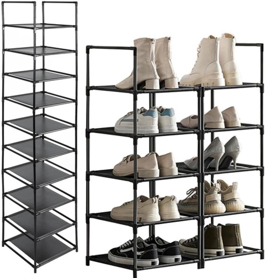 TLRGolf Schoenenrek 10 Lagen Voor 10 Paar Schoenen 10 Verstelbare Lagen (176 x 33 x 33) cm Schoenenkast Schoenenrek Metaal (Zwart)