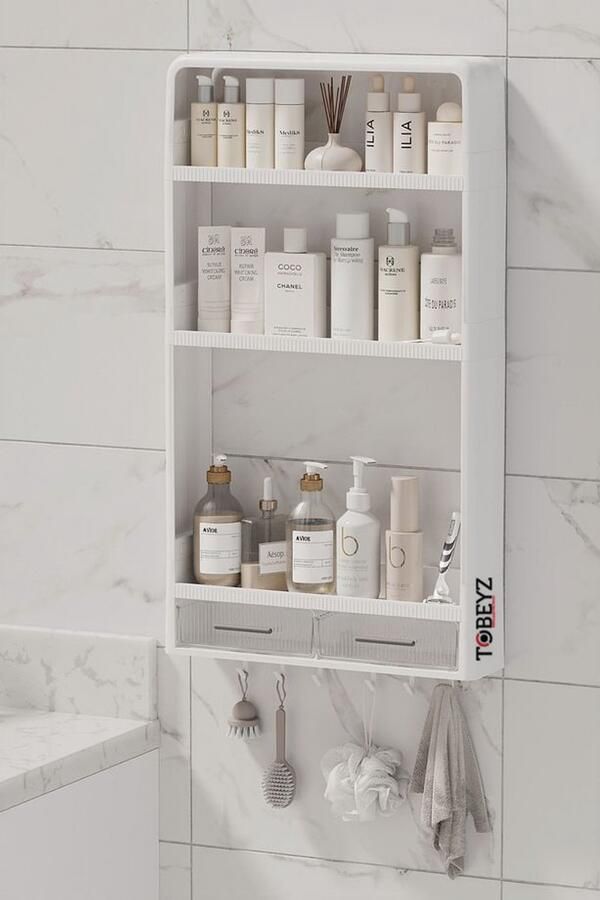 Tobeyz Wandplank Badkamer en Keuken 3-Lags Wandrek met 2 Lades & 6 Haken Boorvrije Opbergplank 71x40x10cm Bad-en Keukenorganizer Wit