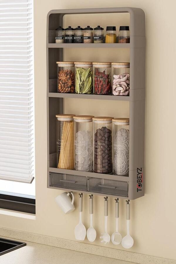 Tobeyz Wandplank Badkamer en Keuken 3-Lags Wandrek met 2 Lades & 6 Haken Boorvrije Opbergplank 71x40x10cm Bad-en Keukenorganizer – Beige