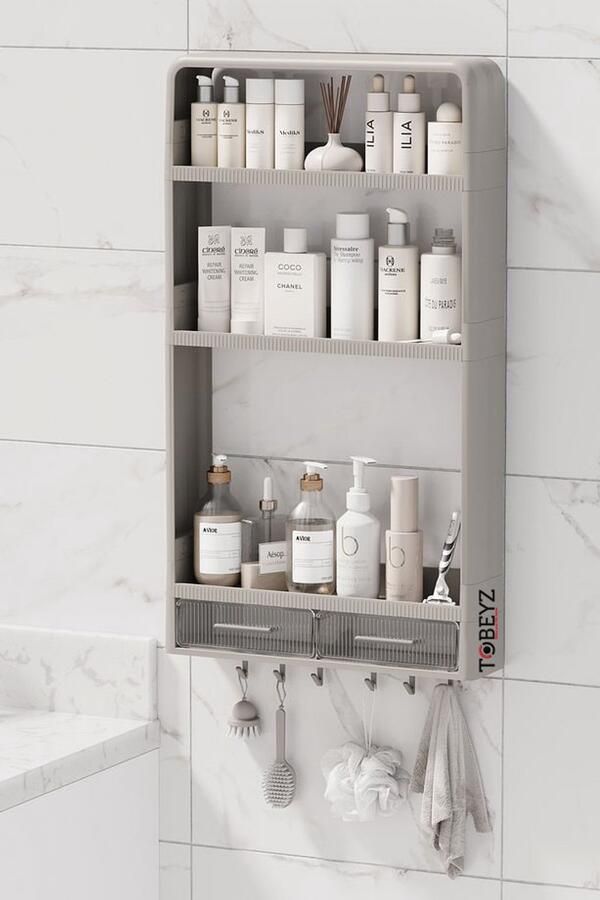 Tobeyz Wandplank Badkamer en Keuken 3-Lags Wandrek met 2 Lades & 6 Haken Boorvrije Opbergplank 71x40x10cm Bad-en Keukenorganizer – Grijs