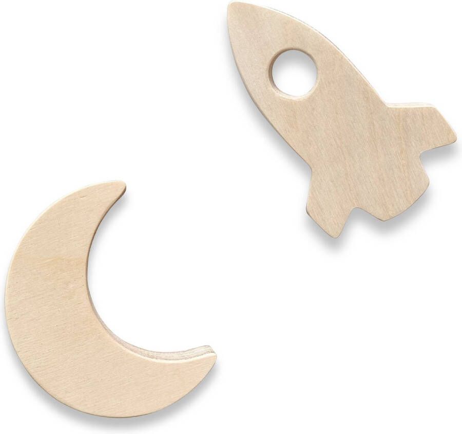 Toddie.nl Houten wandhaken kinderkamer Raket en maan blank