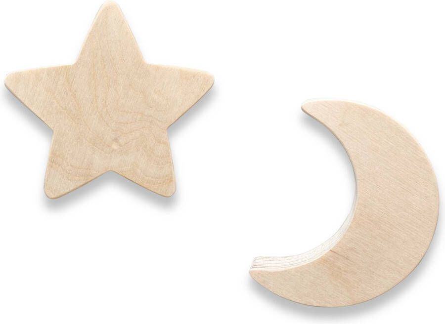 Toddie.nl Blank houten wandhaken kinderkamer Ster en maan
