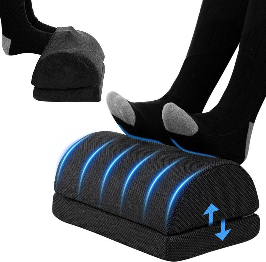 Todeco voetenbankje onder bureau in hoogte verstelbare voetenbank ergonomisch voetenbankje voor thuiskantoor inclusief hoezen van twee verschillende diktes stof (zwart)