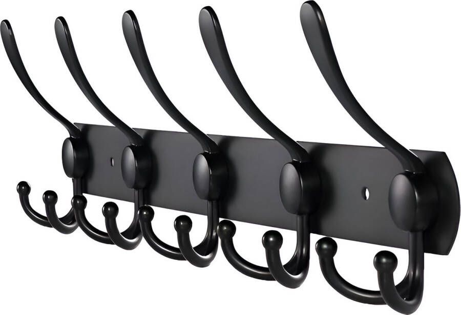 TOJ 15 Haaks Wandkapstok – 45cm Muur Wand Kapstok Hangende Design Muurkapstok Handdoekrek RVS Mat Zwart