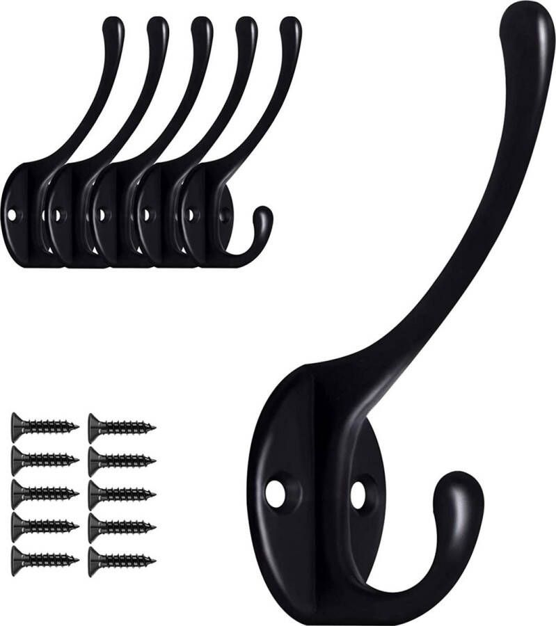 TOJ Set van 5 Kapstokhaken Ophanghaken Muurhaken Wandhaken Kapstok Haken 5KG Belastbaar – Incl Schroeven Mat Zwart