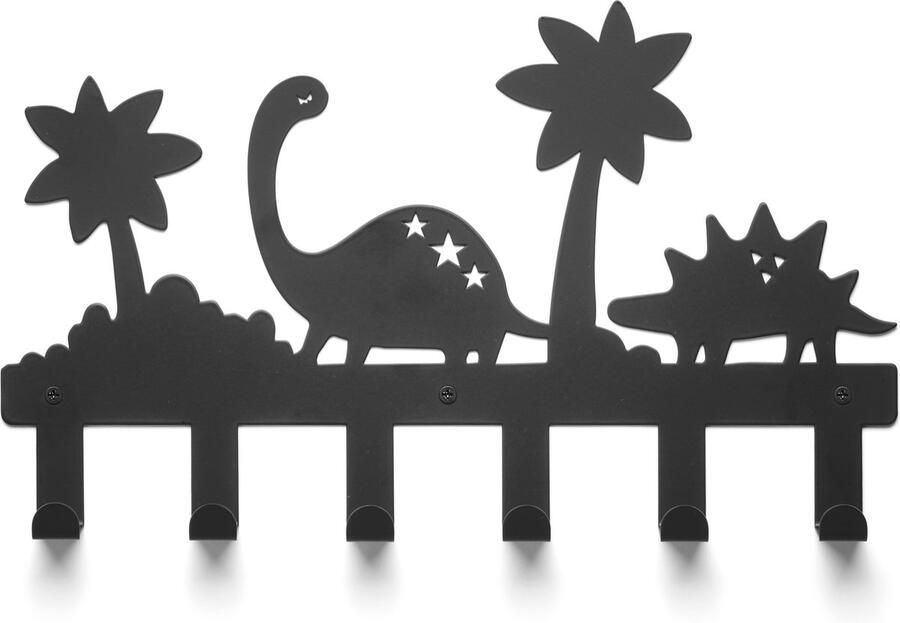 TOJ 6 Haaks Kinderkapstok Kinder Kamer Kapstok Wandkapstok RVS 40CM Dino Jungle Stijl Mat Zwart