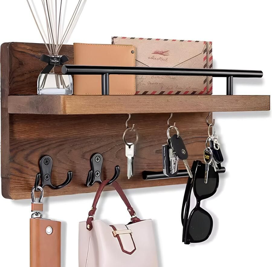 TOJ 7 Haaks Houten Sleutelrekje Sleutelhouder Met Postvak Legplank en Hangrail Bril houder Donker Bruin