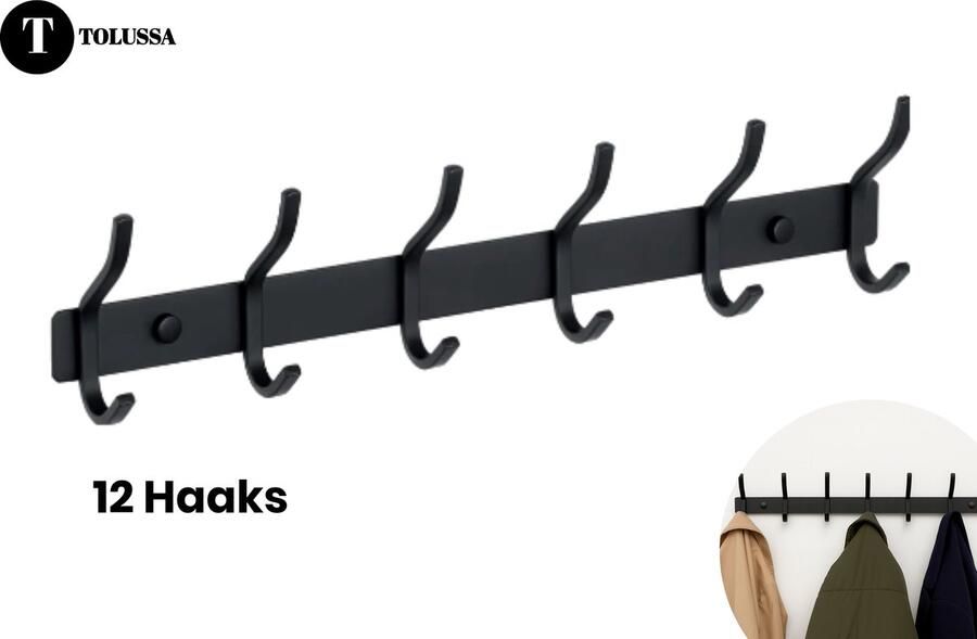 Tolussa 12 Haaks Wandkapstok 46cm Muur Wandkapstok Hangende Design Muurkapstok Handdoekrek RVS Mat Zwart