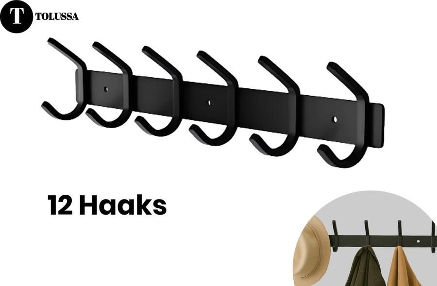 Tolussa 12 Haaks Wandkapstok 46cm Muur Wandkapstok Hangende Design Muurkapstok Handdoekrek RVS Mat Zwart Klassiek