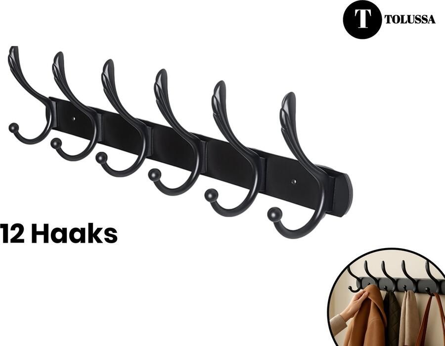 Tolussa 12 Haaks Wandkapstok 54cm Muur Wandkapstok Hangende Design Muurkapstok Handdoekrek RVS Mat Zwart