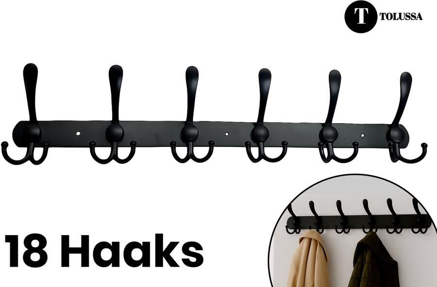 Tolussa 18 Haaks Wandkapstok 54cm Muur Wand Kapstok Hangende Design Muurkapstok Handdoekrek RVS Mat Zwart