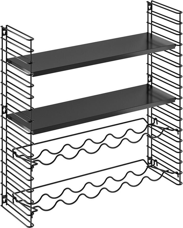 Tomado Wandrek incl. wijnrek Zwart Boekenrek 70x21x68cm Incl. 2 wijnrekken voor 12 flessen Uitbreidbaar