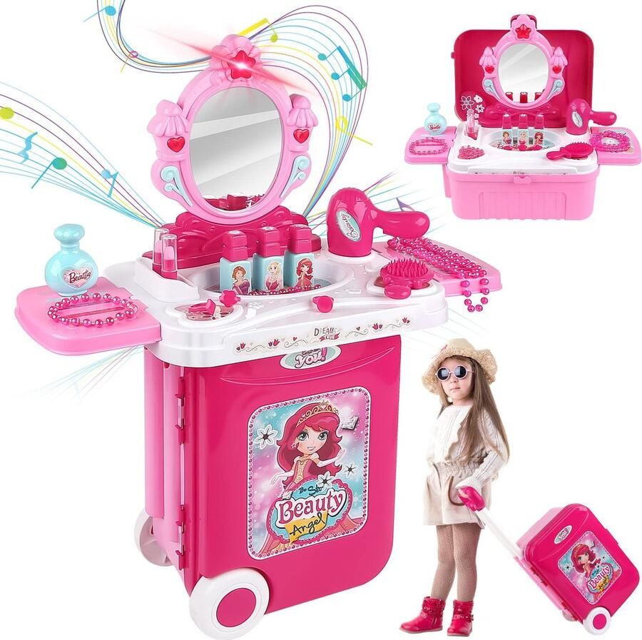 Tomons Kaptafel voor kinderen make-upset rollenspel speelgoed voor meisjes 3-in-1 draagbare make-uptafel met cosmetica-accessoires met koffer voor kinderen meisjes prinses