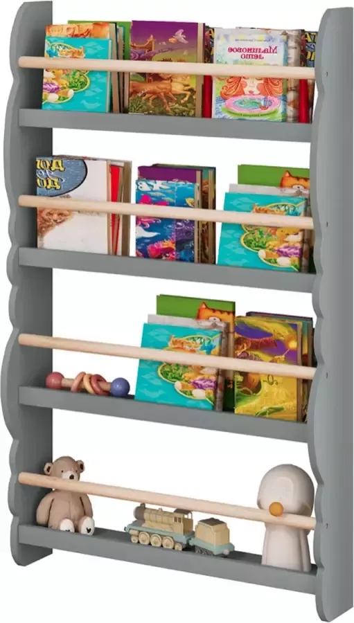 Toolzz Kinder Boekenplank Wandplank Grijs Boek Organizer 4 Planken Boekenkast Kinderen