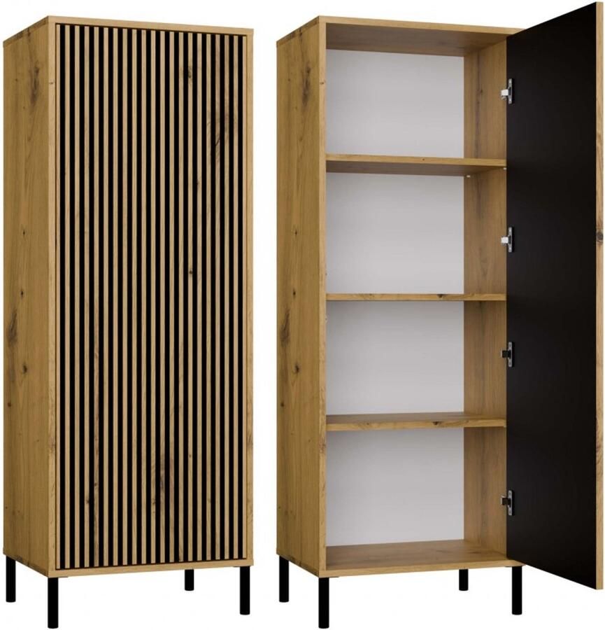 TOP E SHOP Vitrinekast KAMARO 1DD SLIM ARTISAN EIK Latten Gegroefde voorkant