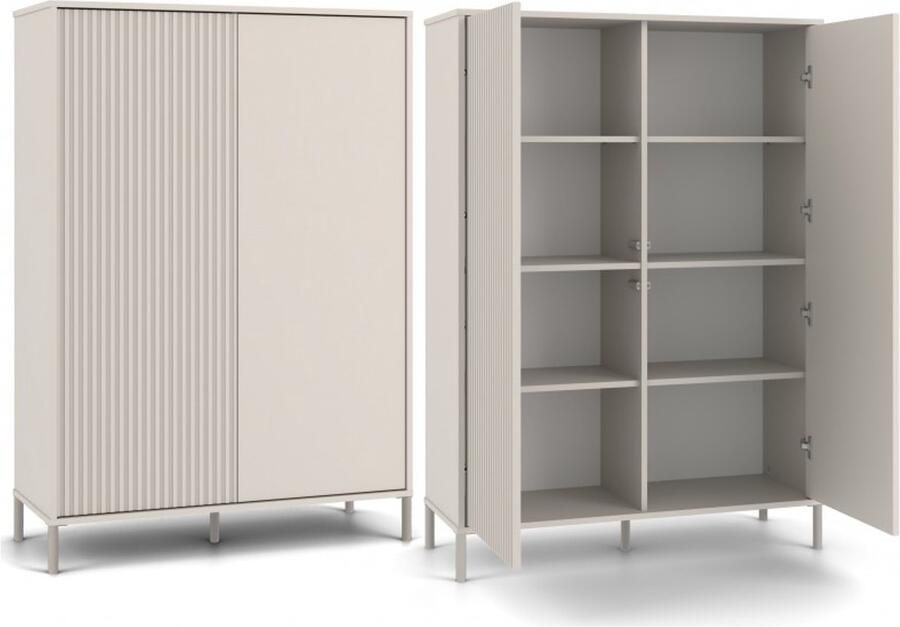 TOP E SHOP Vitrinekast KAMARO 2DD SLIM SMOOTH CASHMERE Latten Gegroefde Voorkant + Klassiek