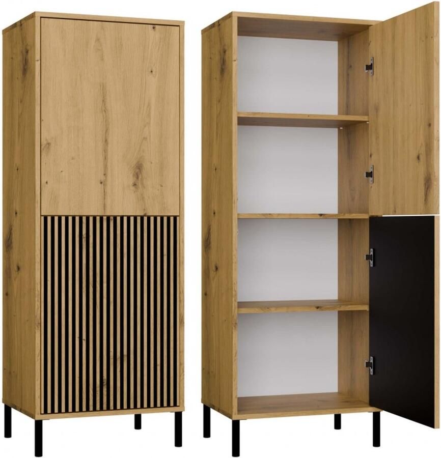 TOP E SHOP Vitrinekast KAMARO 2DK SLIM GLAD ARTISAN EIK Latten Gegroefd + Klassieke Front