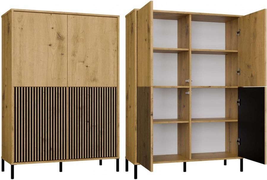 TOP E SHOP Vitrinekast KAMARO 4DK SLIM SMOOTH ARTISAN EIK 4 deuren Lamellen Gegroefde voorkant + Klassiek