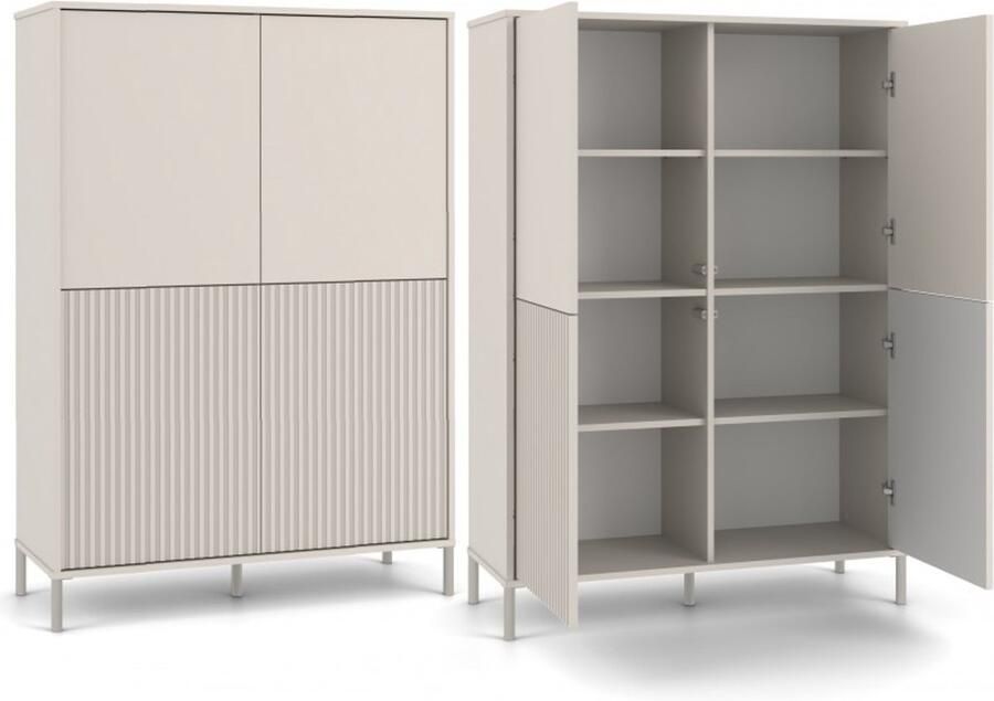 TOP E SHOP Vitrinekast KAMARO 4DK SLIM SMOOTH CASHMERE 4 deuren lamellen gegroefde voorkant + Klassiek