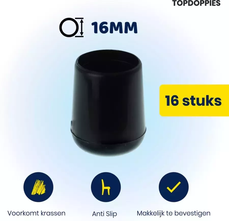 TOPDOPPIES Stoelpoot Beschermers 16mm Stoelpootdoppen 16 stuks Zwart Stoel doppen Pootdoppen Vloerbeschermer Dopjes