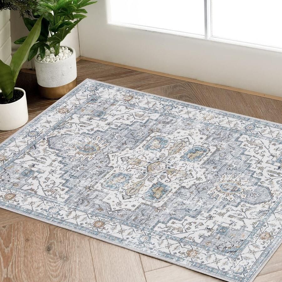 Topick Deurmat 60x90cm Entree Boheemse Antislip Wasbare Deurmat Binnen Korte Pool Oosterse Bloemenprint Klein Tapijt voor Slaapkamer Keuken Badkamer Eetkamer Grijs Blauw