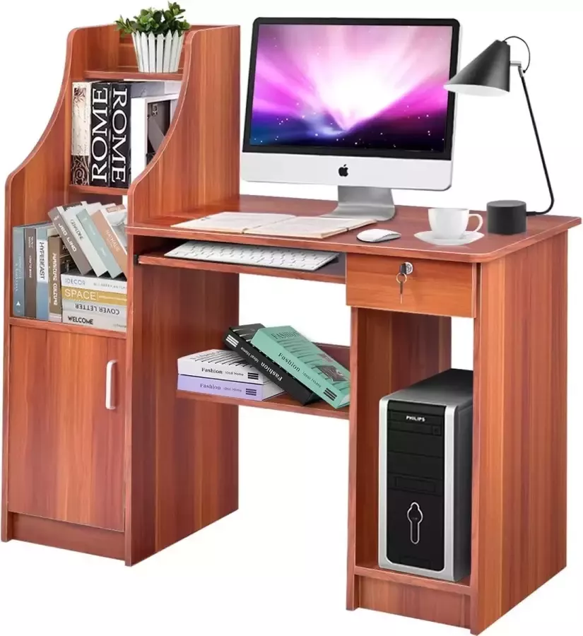 Topquality computerbureau met boekenplank houten bureau met opbergvakken en kast modern werkstationbureau met toetsenbordplank multifunctionele pc-tafel werktafel voor studiebureau